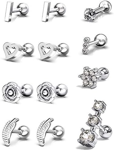 Yaalozei 12 Pcs 16G Stainless Steel Ear Cartilage Earrings Tragus Helix Barbell Heart Flower Feather Hoop Earrings Cubic Zirconia Inlaid Cartilage Stud for Men Women