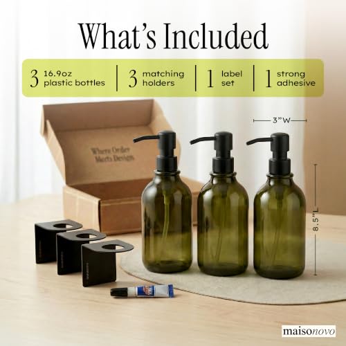 Image of Shampoo and Conditioner Dispenser Wall Mounted Set of 3 Green - No Drill Shower Soap Dispenser for Bathroom Refillable - Spa Hotel Style Accessories by MaisoNovo