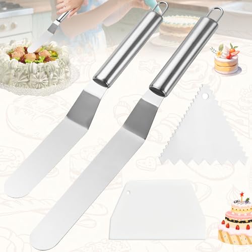 SUpoetry 4 Pièces Spatule Patisserie, Petit Spatule Coudée + Grand Spatule Coudée Patisserie + Spatule à Glaçage Triangle + Couteau à Gâteau Carré, pour Tartiner La Crème, Gâteaux, Cuisson