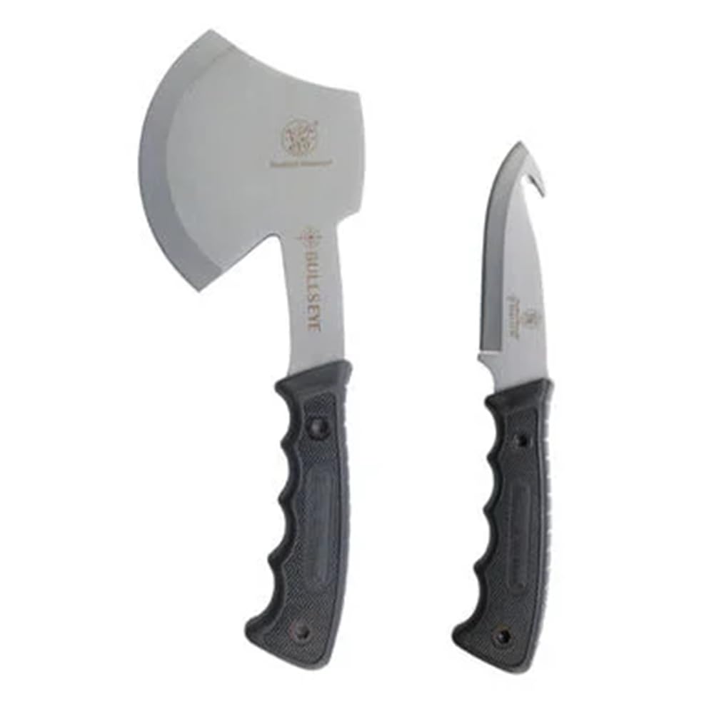 Bullseye Hatchet and Fixed Blade Guthook Knife Combo with S.S. Blade and Rubber Handle for Outdoor, Tactical, Survival and Everyday Carry