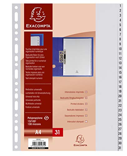 Preisvergleich Produktbild Exacompta 1931E Kunststoff-Register 1-31 für DIN A4 aus recyceltem Kunststoff 31-teilig volle Höhe 21 x 29,7 cm grau mit bedruckten Taben Universallochung Blauer Engel Trennblätter Trennstreifen