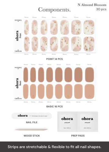 Ohora Semi Cured Gel Nail Strips (N Almond Blossom) - Works With Any Uv Nail Lamps, Salon-Quality, Long Lasting, Easy To Apply & Remove - Includes 2 Prep Pads, Nail File & Wooden Stick #TOP3