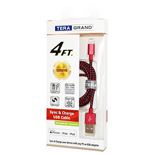 Tera Grand Lightning To Usb-A Braided Cable With Aluminum Housing, 4 Feet For Iphone 14/13/12/11 Pro Pro Max Plus Mini, Se Xs Max Xr X, 8/7/6 Plus, Ipad, Airpods (Red & Black) #TOP6