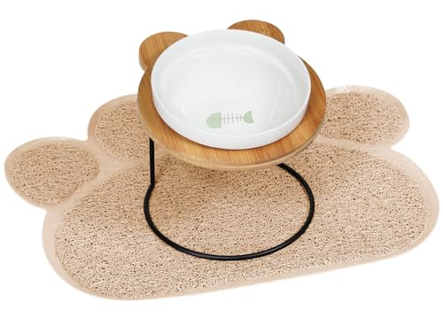 PetStyle えさ皿 ランチョンマット 肉球型 セット 猫 犬 食器 えさ 皿 餌入れ フードボウル ペット ご飯皿 水飲み マット 食べやすい 傾斜 餌皿 エサ入れ 滑り止め 陶器 アイアンバンブースタンドシングル (シングル/お魚柄) (ベージュ)