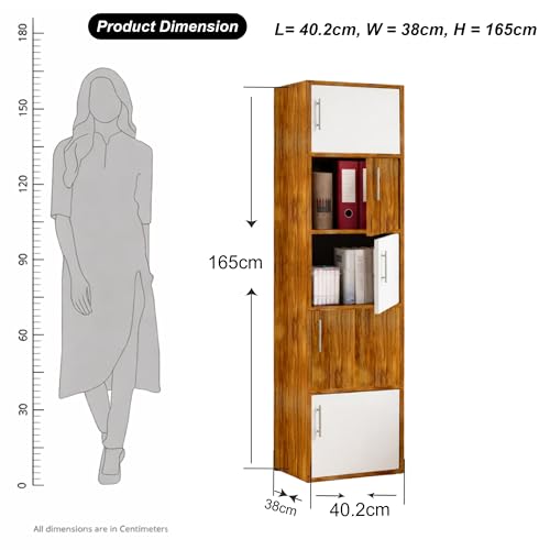 Image of Callas Wooden Book Rack | Multi-Compartment Storage Cabinet | Space-Saving Vertical Bookshelf with Doors | Durable & Sturdy Organizer for Home & Office (Walnut, 5 Tier)