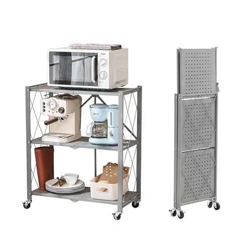 Image of BRIAN & DANY 3-Tier Foldable Storage Shelves with Wheels, No Assembly Folding Shelf Metal Rack, Shelving Unit for Kitchen, Garage, Gray