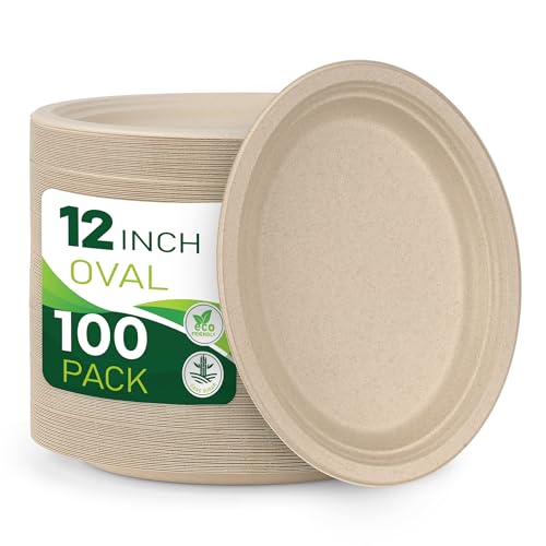BIRCHIO 100 platos de papel ovalados originales 100% compostables (12 pulgadas), platos desechables resistentes, platos ecológicos para cena, ensalada, comida, postre, perfectos para fiestas, pícnic