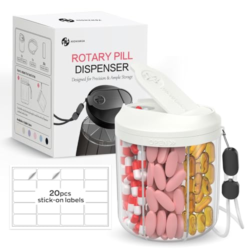 Image of Hionxmga Pill Dispenser with 7 Large Compartments, 4.4 inch H x 3.6 inch Dia Pill Bottle Organizer for Travel, Supplement Organizer with Anti-Mixing Design, BPA-Free Pill Container with 20 Pcs Labels, Beige