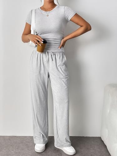 Generic Women's Green Casual Coordinated Outfit Set: Top & Pants - Short Sleeve, High Waisted, Wide Leg