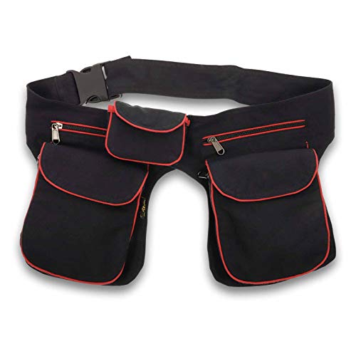 KUNST UND MAGIE Doppel Bauchtasche Sidebag Gürteltasche Festivaltasche Hippie Goa Hüfttasche, Farbe:Schwarz/Rot thumbnail