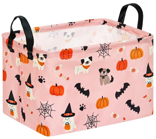 Image of Halloween Shelf Nursery Storage Basket Laundry Hamper Storage Box and Bins for Home Decor Clothes with Handles(Pink Puppy)