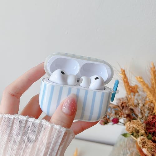 Image of MINSCOSE for AirPods Pro 3rd Generation Case (2025),Cute Striped Aesthetic Pattern Design with Girly Keychain Ring,Soft TPU Protective Shockproof Cover with Cleaner Kit for Airpods Pro 3-Blue