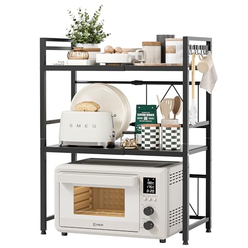 NETEL Expandable Microwave Shelf, 3 Tier Microwave Stand with 8 Hooks, air fryer shelf stand,Microwave Oven Rack, Desktop Printer Shelf Rack, Bakers Rack, Kitchen Countertop Organiser Shelves