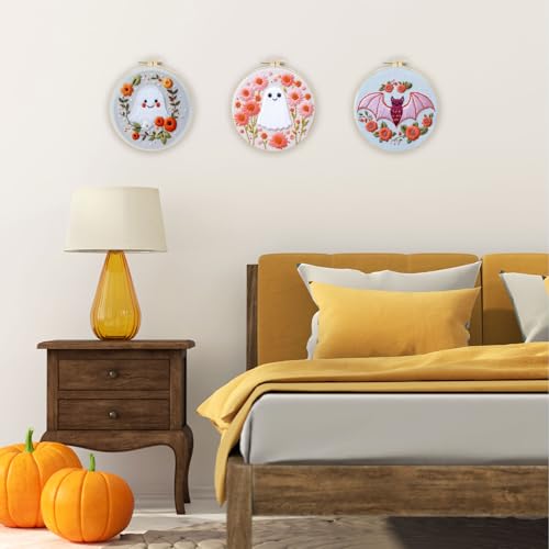 Image of LB Pink Halloween Embroidery Kit for Beginners Adults, 3 Sets Hand Embroidery Starter Kit with Ghost Pattern and Instructions Stamped Cross Stitch Kits Include Embroidery Hoop Needles Threads Scissors
