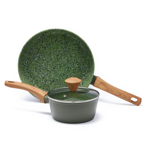 Image of 2-Piece Nonstick Cookware Set,10.25 Inch Frying Pan & 1.43QT Saucepan with Lid, PFAS PFOA Free Non-Toxic Coating, Heavy Bottom Even Heat, Induction Compatible, Dishwasher Safe - Green