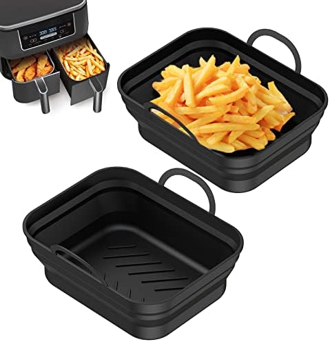 2 PCS Foldable Silicone Air Fryer Liner for Ninjas Dual Air Fryer AF300UK & AF400UK, Tower T17088, Upgraded Reusable Air Fryer Accessory for Home Kitchen (Black)