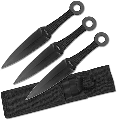 Perfect Point Throwing Knife Set – Set of 3 Throwers, Black Stainless Steel Blades and Black Cord Wrapped Handles, Includes Nylon Sheath, Well Balanced, Throwing Sport Knives – PP-869-3