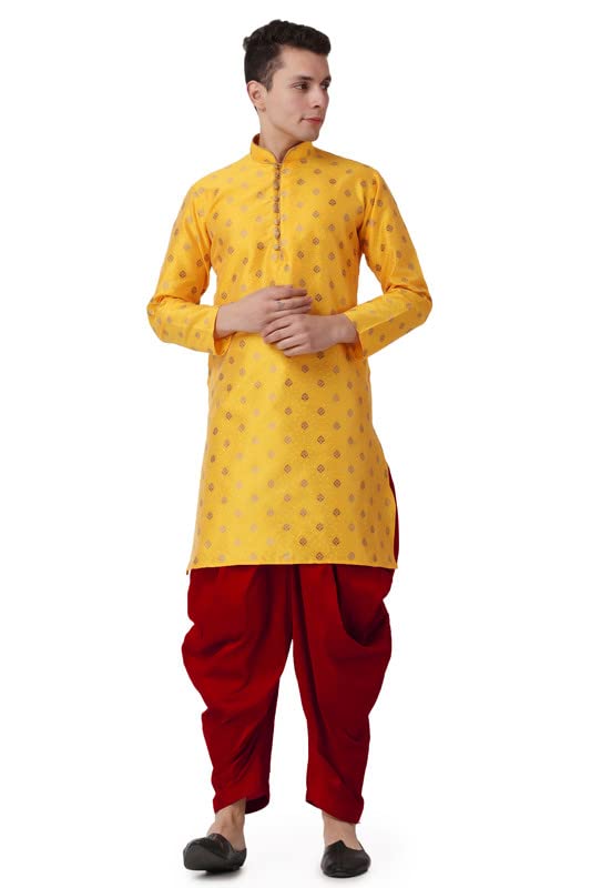 Kurta larga de seda mostaza para bodas y festivales con salwar granate de hombre