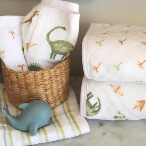 Image of aden + anais Essentials Hooded Baby Bath Towel, Super Soft 100% Cotton, 2 Pack, Dino Jungle