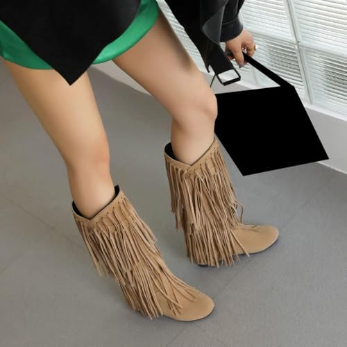 Womens Fringe Western Boots Fashion Hidden Heel Knee-high Boots Round Toe Platform Tassel Moccasin Boots4