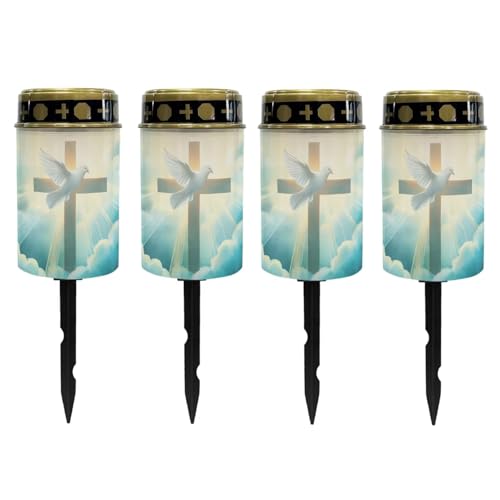 Poceacles Cemetery Candle Grave Lights Outdoor Waterproof Decoration Pathway Lights Garden Solar Candle for Garden Lawn Decor, 4 Pieces, Dove of Peace Cross Cloud Print
