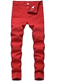 Boy's Stylish Moto Biker Skinny Ripped Wrinkled Stretch Fit Denim Jeans Pants,Red,14
