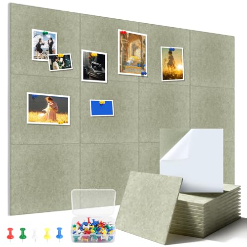 Große Filz Pinnwand Selbstklebend 12 Stück 9mm Dick Dekorative Pinnwand aus Filz Groß Faltbare Fototafel für Büro Küche Schulen Kinderzimmer Fotos Memos Sichttafel für Wände (Quadratisch Grün)