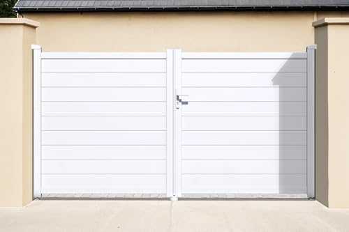 Casanoov Portail Battant Aluminium EIGER 300 x 161 cm 3 m x 1,61 m 4,83 m² Blanc Mat Plein À Lames Horizontales Pour Intimité Sécurité Avec Serrure 5...