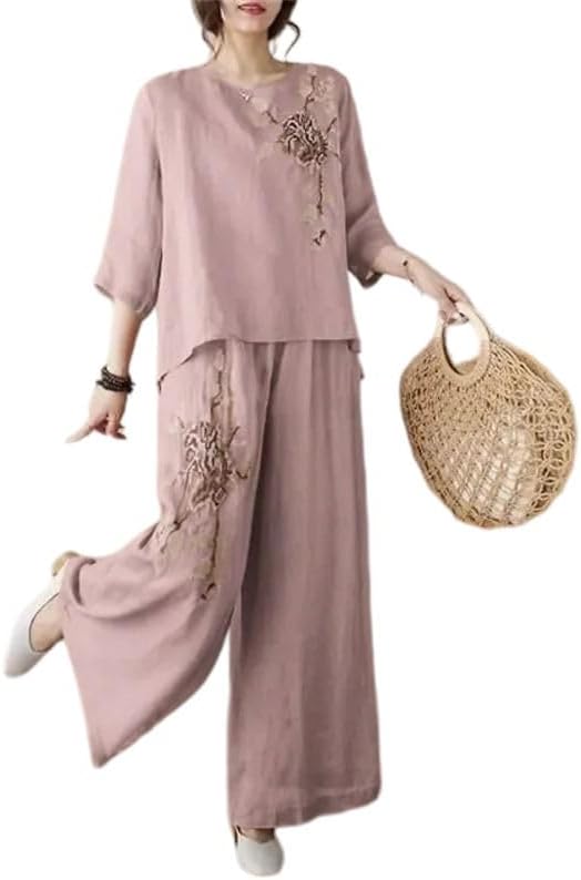 Women Linen Embroidered Pullover Two Piece Set Wide Leg Pants Casual Outfit