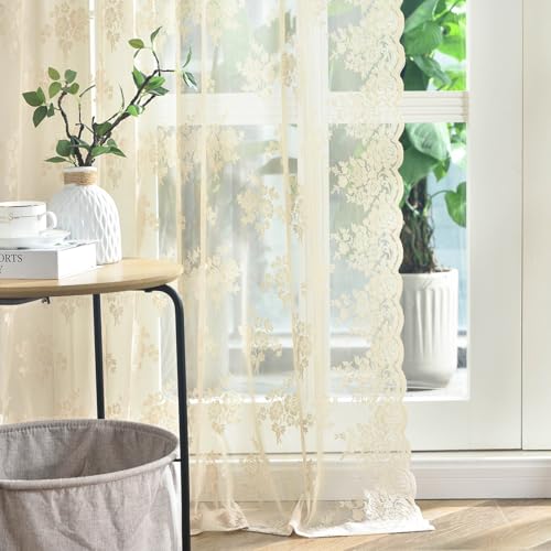 Kotile Beige Sheer Curtains 63 Inch Length 2 Panels, Country
