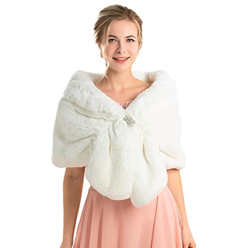 Aukmla Braut Hochzeit Kunstfell Schals Ärmellos Damen Fell Wraps und Stolen Brautfell Schal mit Brosche für Braut und Brautjungfern, weiß, One size Cover