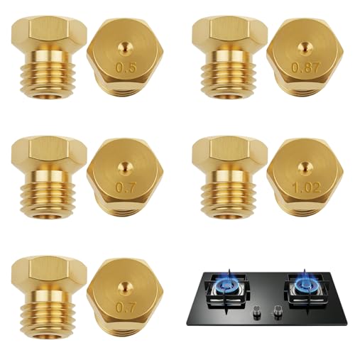 Lot de 10 Gicleurs en Laiton M6 pour Brûleur, Bouteille Gicleur Brûleur 0,5/0,7/0,87/1,02, Injecteur Gaz Butane pour Réglage et Remplacement, Kit pour...