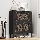 Janmer Home Shoe Cabinet with 2 Flip Drawers, Shoe Cabinet Storage for Entryway,Narrow Shoe Organizer Cabinet with Carved Fluted Pattern, Freestanding Shoe Rack Cabinet (2 Drawer, Black)