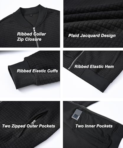 Image of YuKaiChen Mens Lightweight Bomber Jacket Casual Plaid Jacquard Varsity Jacket Coat with Zipper Pockets