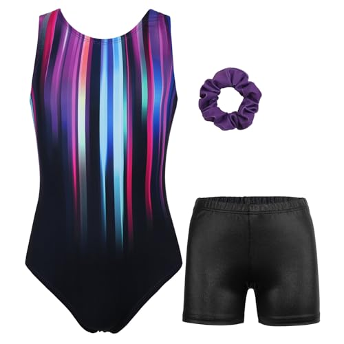 JESKIDS Gymnastics Leotards for Girls Dance Unitards Biketards Matching Shorts Activewear Suits for Girls 4-13 Years Colored Striped 4-5T