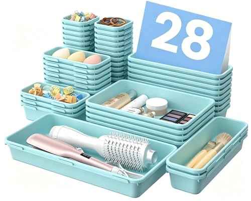 Image of A-LuGei 【Military Grade】 Drawer Organizer, 【𝟱𝗦𝗶𝘇𝗲】 Makeup organizer, 【Holds 177 Items】 Bathroom Organizers and Storage, Organization and Storage, Desk Drawer Organizer for Vanity (Blue)