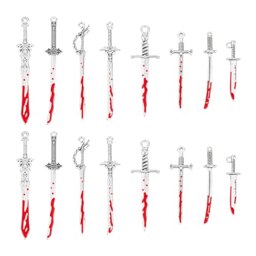 UNICRAFTALE 16Pcs 8 Styles Halloween Alloy Enamel Pendants Punk Earring Charms Anime Figures Decoration Charm for Book Lover Red Sword Charm for DIY Jewelry Making 1.5~3mm Hole