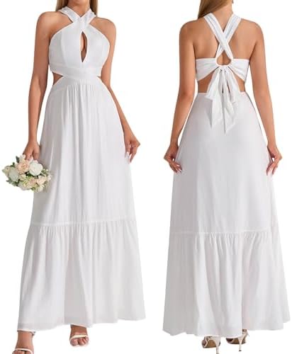 EYNMIN Women's Summer Halter Maxi Casual Sundress Ruffle Cut Out ...