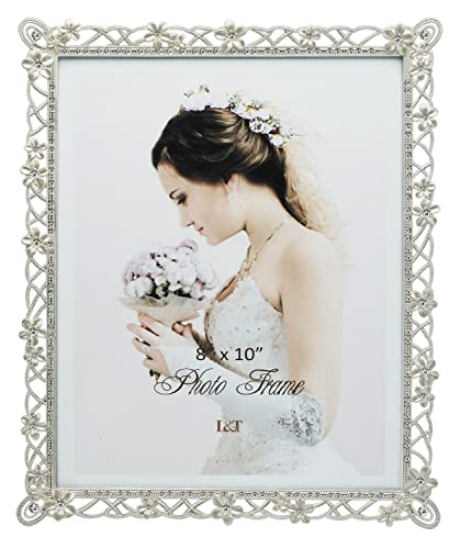 Licotom Wedding Picture Frame Silver Metal With Pearly White Flowers And Crystals 8 X10 Inch Photo Frame #TOP1
