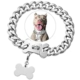 Stainless Steel Cuban Silver Link Heavy Duty Necklace Dog Collar for Small Medium Large Dogs, American Bully French Bulldog Dog Collar with CZ Luxury Safety Personalized Dog Tag