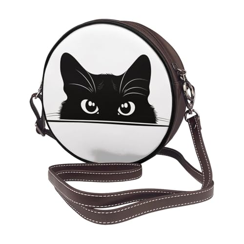 Black Cat Head Peeking Women Round Crossbody Bags Leather Sling Bag Purse2