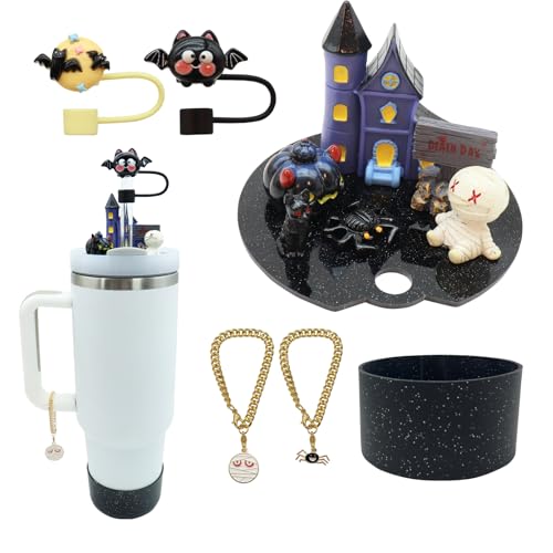 RENUIS Cup Lid Topper Decoration for Stanley 40 oz，Including Cup Boot, Silicone Straw Topper Cover Cap, Lid Charms，Cup Chain - Cute Halloween Decoration Accessories