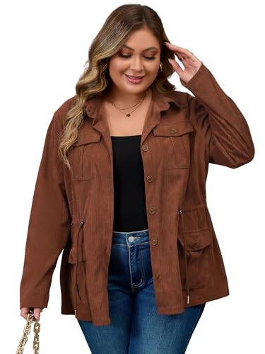 ZNU Women's Plus Size Cargo Jacket - Long Sleeve Corduroy Coat with Pockets & Drawstring Waist, Casual Fall Outerwear