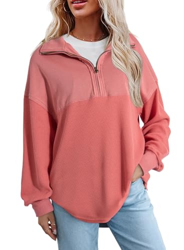 SHEWIN Womens Sweatshirts Casual Waffle Knit Tops Half Zip Pullover Long Sleeve Shirts Quarter Zip Trendy Fall Outfits Oversized Clothes 2025 X-Large Brick Red