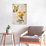 Nopenta Vintage Butterfly Canvas Decor Wall Art, Yellow Rose Painting for Living room, Canvas Pictures Poster Artwork Decoration for Bedroom Framed and Stretched Ready to Hang 24" L x 16" W