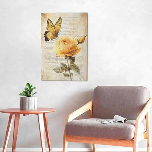 Nopenta Vintage Butterfly Canvas Decor Wall Art, Yellow Rose Painting for Living room, Canvas Pictures Poster Artwork Decoration for Bedroom Framed and Stretched Ready to Hang 24" L x 16" W