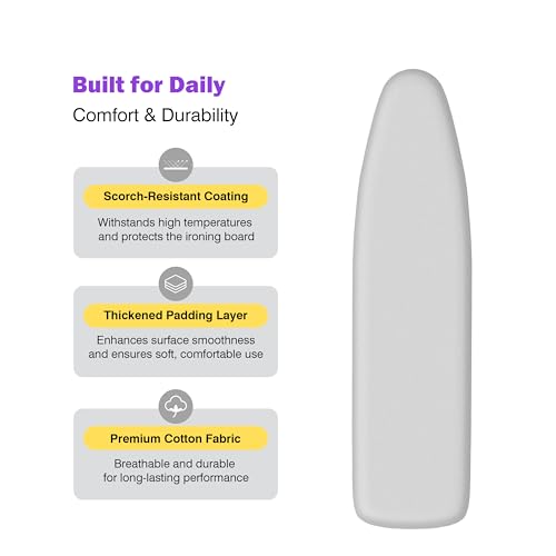 Image of Ironing Board Cover and Pad 15x54 Standard Size,Extra Thick Cotton Iron Board Cover with Padding, Silicone Coated Scorch Resistant, Elastic Edge with Hook & Loop Strap, Heatproof Silver
