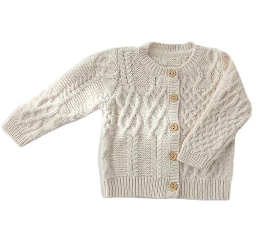 Newborn Baby Two Piece Set, Organic Cotton Cable Knit Cardigan and Knit Overall in Oatmeal Color