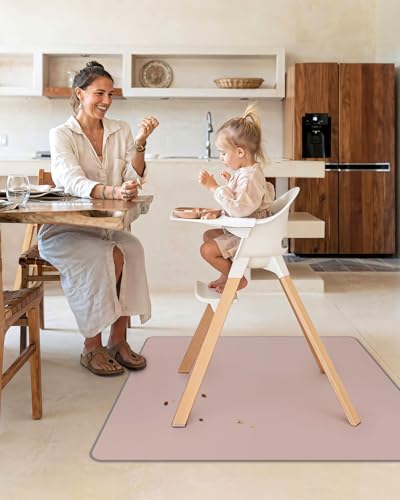 Blissful Diary Baby-Spritzschutzmatte für unter den Hochstuhl, 128 x 128 cm abwischbare Spritzschutzmatte, Wasserdicht und Waschbar, Catchy Für Hochstuhl, Rutschfester Bodenschutz, Zartrosa