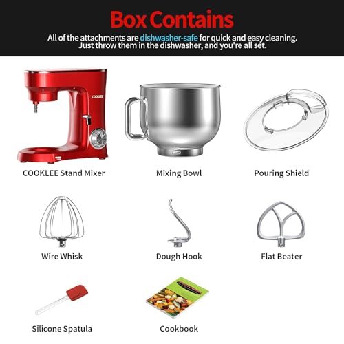 COOKLEE-Stand-Mixer-95-Qt-660W-10-Speed-Electric-Kitchen-Mixer-with-Dishwasher-Safe-Dough-Hooks-Flat-Beaters-Wire-Whip-Pouring-Shield-Attachments-for-Most-Home-Cooks-Ruby-Re